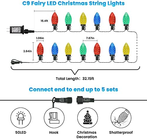 Toodour C9 Божиќни светла разнобојни и божиќни светла повеќебојни, 300 брои блескави божиќни светла на стринг