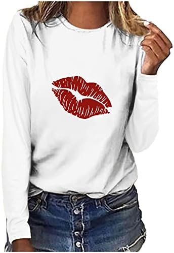 Секси усни печатени кошули за жени обични долги ракави екипаж Туника врвови паѓаат случајна лабава вклопена основна кошула за
