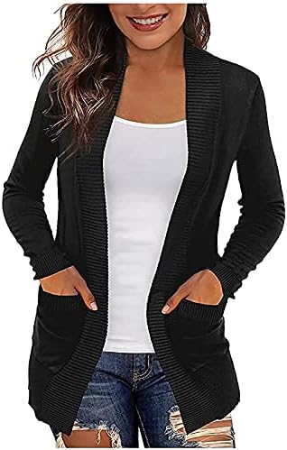 Кардиган за жени џемпери плетено ребрести деколте со отворен фронт со долги ракави лесни маички палто Туника врвови