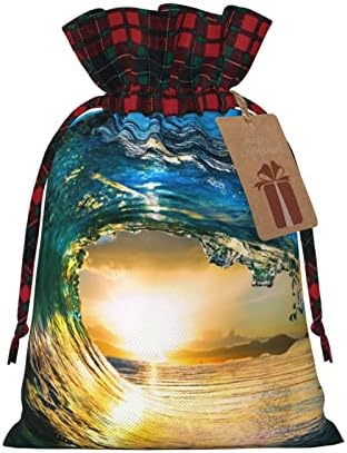 Божиќни Торби За Подароци Со Врвки Океан-Бран-Паѓање-Зајдисонце-Време Бафало Карирана Торба За Влечење Забава Фаворизира Чанти