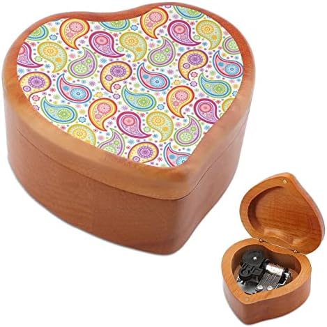 Шарена шема на Пејсли Дрвена музичка кутија со форма на срцева форма на музички кутии гроздобер дрвена кутија за подарок