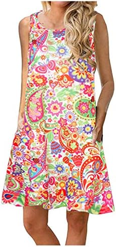 Hgnay жени летен фустан моден цвеќиња печатени мини фустан со џебови екипаж без ракави фустан од плажа лабава резервоар фустани