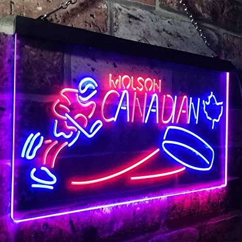 Неонски Знаци Молсон Канаѓаните Хокеј Новина ПРЕДВОДЕНА Неонски Светлина Човек Пештера Пиво Бар Божиќ Подарок Црвена + Сина W24 x H16