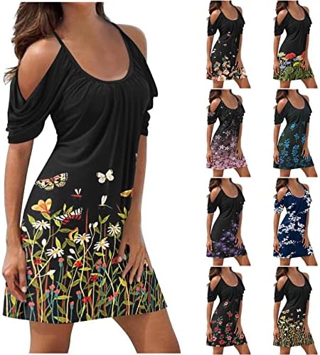 Женски летни обични маички фустани ладно рамо со кратки ракави плажа лабава плус големина цветна бохо смена мини фустан