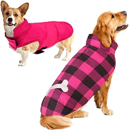 Sunfura Plaid Dog Coat, британски стил куче зимска јакна на отворено кучиња елек со ветерно јака и дупка за поводник, биволско