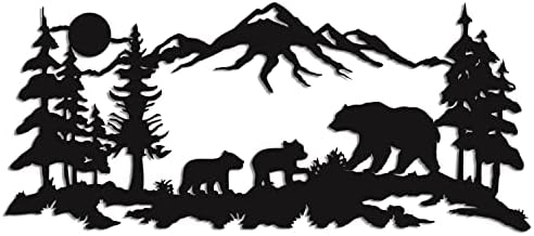 Декадрон метална wallидна уметност, метална мечка семејна уметност, декорација на планински дрвја, декор на wallидови, lубител на диви животни,