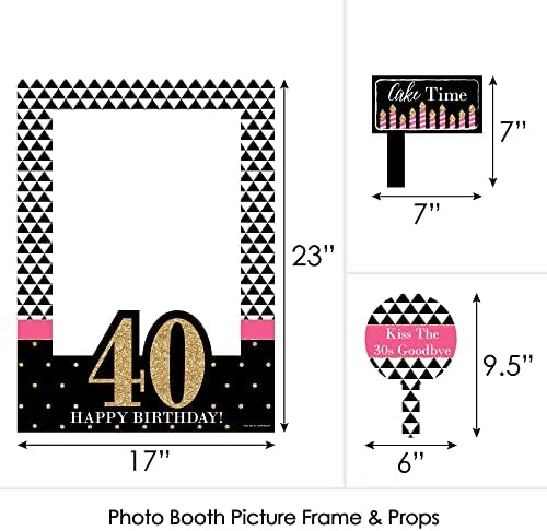 Шик 40 -ти роденден - розова, црна и златна - роденденска забава селфи фото штанд Рамка и реквизити - Печатено на здрав материјал
