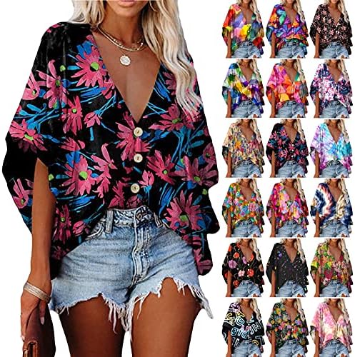 Побарајте обични маички за жени, хавајски обични в-вратот за цвеќе за печатење со лилјаци со лилјаци со лилјаци трендовски лабави кошули