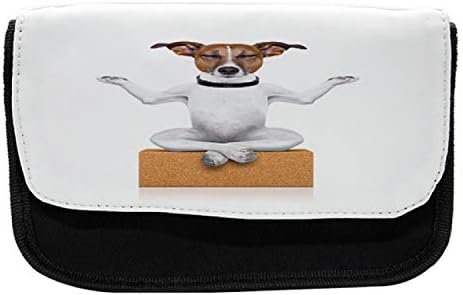 Необичен случај со молив со јога, смешни затворени очи кучиња релаксирачки, торба со молив со ткаенини со двоен патент, 8,5 x 5,5, бело бледо кафе Умбер