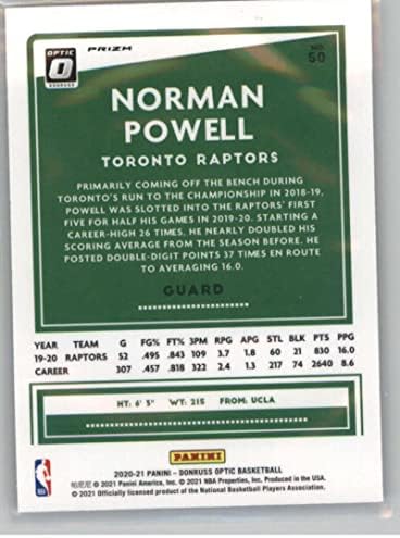 Норман Пауел 2020-21 Оптички фанатици Сребрен бран Prizm 50 nm+ -MT+ NBA кошарка раптори