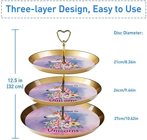 Торта штанд сет 3 нивоа за кекс -кекс стои за еднократно тесто чинија за свадбени роденденски чај украси, цртан филм со еднорог, розов цвет