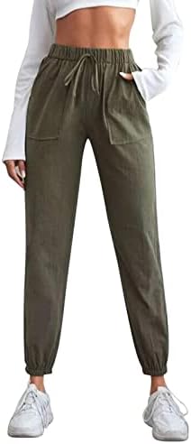 Женски ленти панталони, цврста боја џеб памук и постелнина еластична половината лабава пети обични панталони широки панталони со нозе
