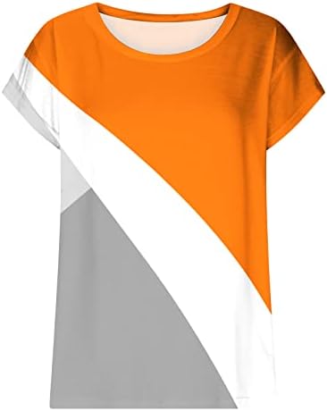 Women'sенски капа на ракав врвови 2023 трендовски блок во боја летни маички лабави вклопени кратки ракави со тркалезни маици со блузи блузи