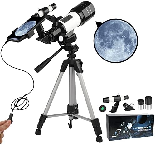 Телескопи за астрономија Возрасни деца со преносен телескоп за патувања од 70мм со отвор со адаптер за телефон, окули на Келнер, прилагодлив
