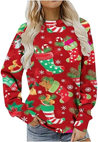 Божиќна џемпер за жени пуловер џемпер екипаж со долги ракави кошули врвни празници преголеми обични блузи од туника