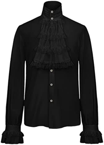 Црна ренесансна кошула bellвонче ракави машки готски гроздобер чипка кошула стојат јака со долга ракав, блуза од кошула