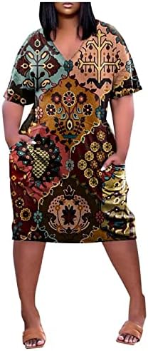 Африкански фустани за жени со кратки ракави со вратот плус големина гроздобер џебови маици фустани преголема фустан од туника на