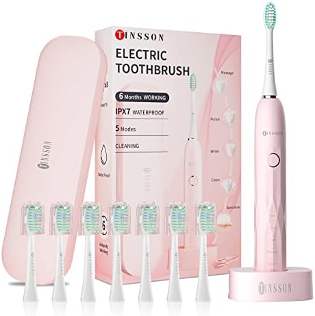 Tinsson розова електрична четка за заби со 8 глави за четки за замена и куќиште за патување, безжично полнење за четка за заби за 180 дена,