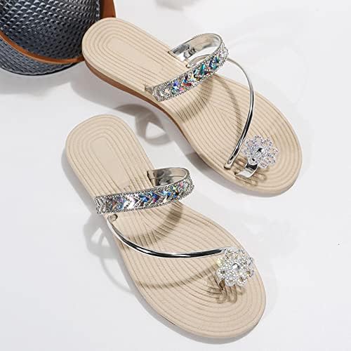 Сандали Xipcokm за жени Thong, Rhinestone Flat Slappevers летни модни слајдови што одговараат на фустани за чевли на плажа