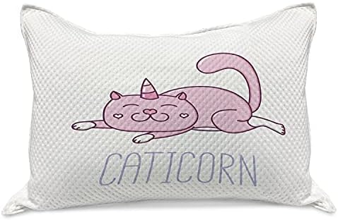 Ambesonne Unicorn Cat Knited јорган пикал, розова мачка рог и смешен израз лежејќи маскота со цртан филм Caticorn, стандардна покривка за перница со големина на кралицата за спална ?