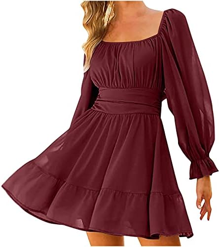 Женски фустан плоштад врат со долги ракави половината вратоврска руфла мини замав фустани моден случајно мини фустан