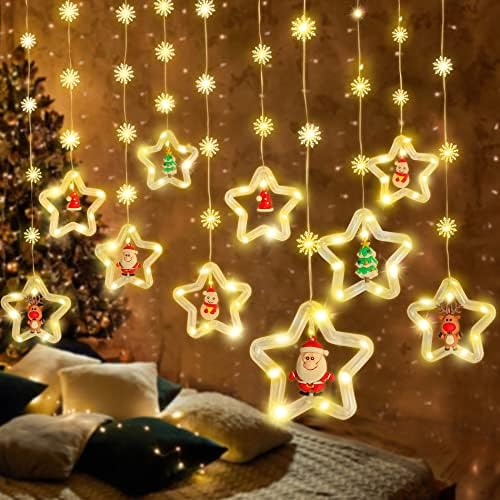 Cwsex Божиќни низа светла, светла за завеси за Божиќни starвезди 120 LED 10 парчиња Санта самовила, божиќни украси, светло за треперење,