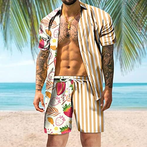 2 парчиња облека Облеки за мажи со џебови тропски хавајски кошула и кратки комплети гроздобер облеки на летни плажа на Хаваи
