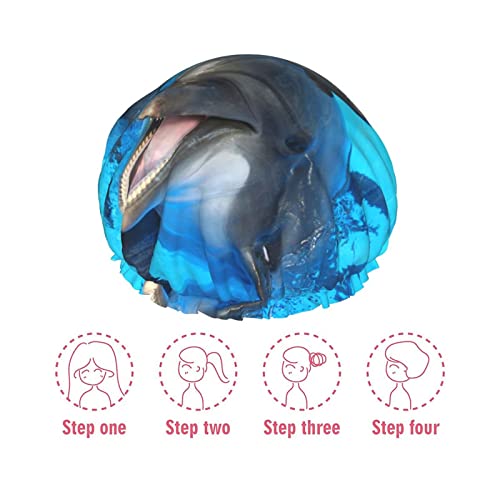 Насмеани делфини на лице, печатено капаче за туширање сатен за коса, водоотпорна капа за бања, еластична лента за истегнување на капачето