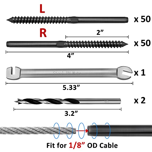 Челик DN Mate 100 пакет црна T316 не'рѓосувачки челик лев и десен рака на конец за нишка Завртки за дрво за дрво од 1/8 Комплет за оградување со црна кабел, оградување на палу