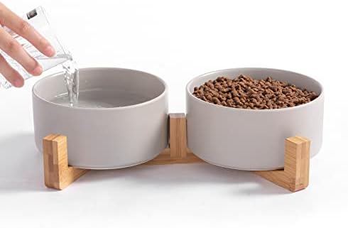 Ihoming чинии за мачки, кученце керамички храна и чинија за вода, 1 3/4 чаши x 2, во затворено сиви чинии за миленичиња со дрвен штанд