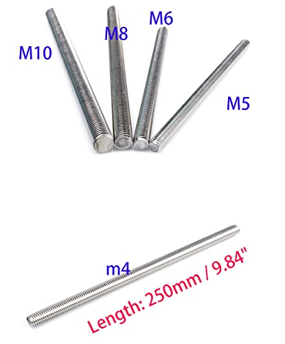 Chiloskit 2pcs M4, M5, M6, M8, M10 не'рѓосувачки челик навојни шипки AllThread Studding Bar 250mm/10inch должина