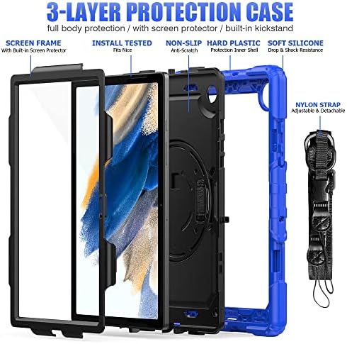 Clarkcas Case за Samsung Galaxy Tab A8 10.5 инчи 2022, случај со држач за молив за заштита на екран, лента за рамо на рамо, каиш за деца со силиконски