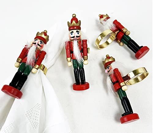 Стилови на Фенко Рачно изработени дрвени оревици Декоративни прстени од салфетка, сет од 4 - црвени и зелени празнични војници за салфери