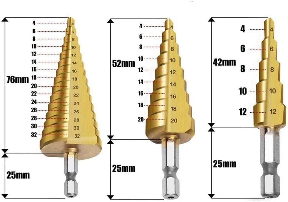 Битс за челични дупки за вежбање на чекори чекори за вежбање бит постави конусни дупки за сечење на дупка за метри 4-12/20/32mm 1/4 титаниум