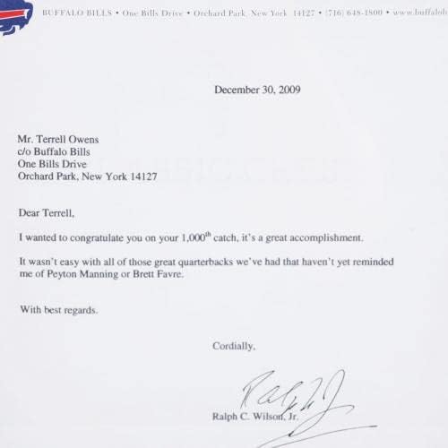 Ралф Вилсон потпиша писмо до Терел Овенс 1000 -ти Сметки за фаќање - ЦОА автентичен тим - НФЛ автограмираше разни предмети