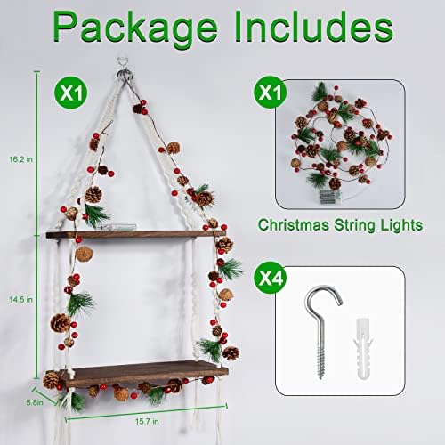 Висечка полица со божиќни жици светла, полица за растителни мерами, wallидна полица, складирање на wallидови со јажиња, 2 нивоа лебдечки