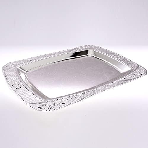 Maro Megastore 20 инчи x 14,6 инчи издолжена хромирана огледало сребро послужавник за сервирање Стилски дизајн цветни врежани раб