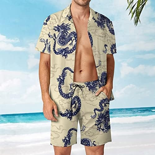 Weedkeycat Blue Dragon Man's Man's Beach Outfits 2 Piece Hawaiian копче надолу со кошула Краток ракав и шорцеви