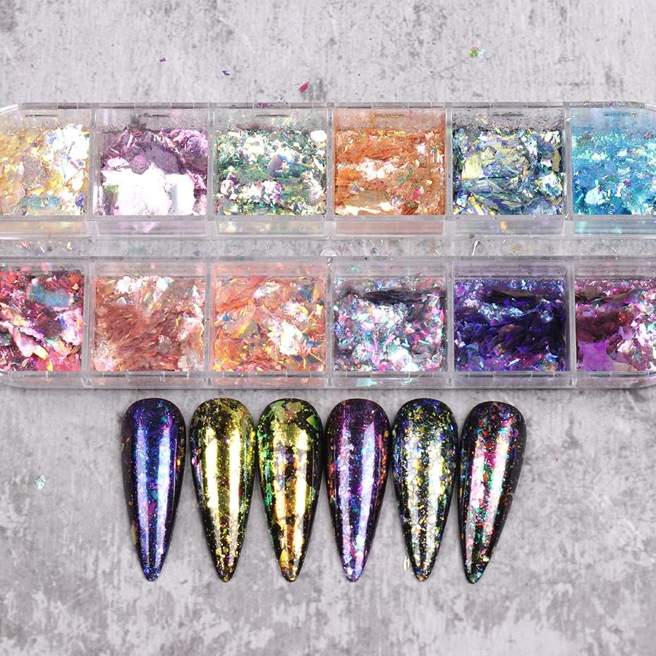 12 решетки Iridescent Ice Crystal Opal Sequins Nails Nails Holographic Sparkly Brocade Aurora сјај во прав Шарена стаклена хартија