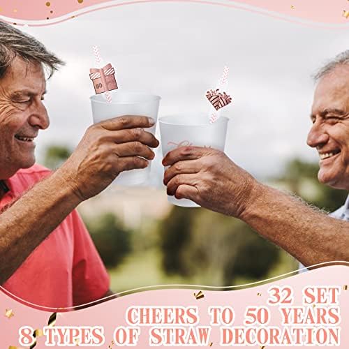32 Спакувајте Бели Розови Чаши за Забави за 50 Ти Роденден На Здравје До 50 Години Украси 16оз Пластични Чаши За Стадиони со Роденденска