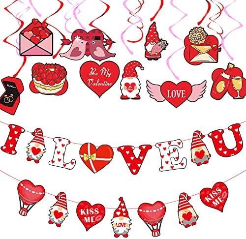 Комплет За Декорација на Денот на вљубените 2 парчиња Банер за Денот на Вљубените 14 парчиња Висечки Вител Декор За Денот на Вљубените