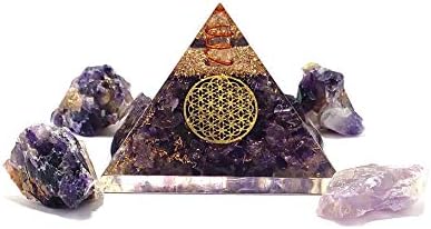 Аметист Оргон Кристал пирамида со симбол на цвет на живот и 4 парчиња природен суров груб камен комплет за Е заштита Позитивен