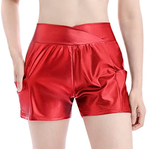 Женски сјајни танцувачки шорцеви искријте крст V-Front High Weaist Yoga Gym Rave Party Hotешка кратка панталони момче со џебови со џебови