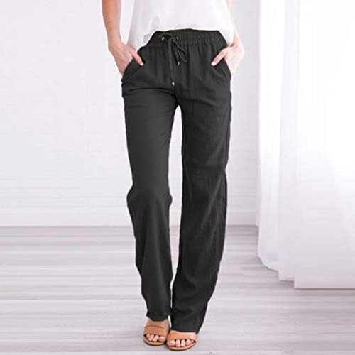 Женски памучни постелнини влечење високи панталони за половини летни палацо панталони обични лабави панталони со широки нозе со