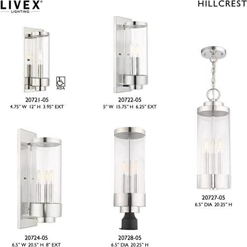 Livex Lighting 20724-05 Hillcrest - Три лесни надворешни wallидни фенер, полирана хромирана завршница со јасно стакло
