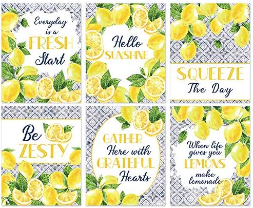 Hlniuc лимонски знаци Уметнички отпечатоци, инспиративни сини образец жолти слики од лимон сет од 6, овошен ботанички постер зелен лист модерна