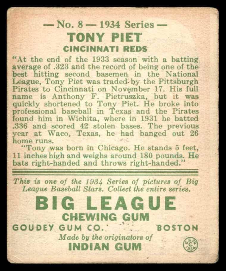 1934 година Гудеј 8 Тони Пиет Синсинати црвени добри црвени