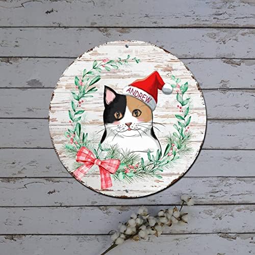 Среќен знак за Божиќна врата, обичај мачка Име Холи Венец, метален калај знак, виси Божиќни украси, затворен рустикален метален венец