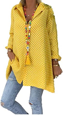 Andongnywell жени polka dot v вратот шифон блузи касаул долги ракави кошули со цветни печати врвови туники