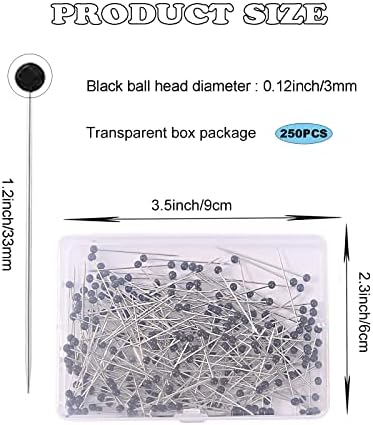Sovoey 250 парчиња црни пинови за шиење - иглички со тркалезна стаклена глава директно пинови за ватирање за накит за костими за корсаж DIY